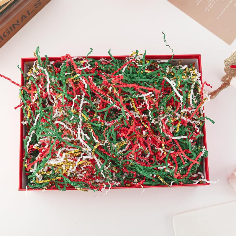 CIPOWM 10.6oz Christmas Crinkle Cut Paper Shred, 3 Colors Red Green Gold Raffia Paper Shred Filler Grass for Gift Wrapping Craft DIY Gift Bag Box Filling Party Supply - Image 5